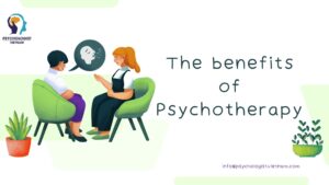 Therapist talking with a client during a psychotherapy session, highlighting the benefits of therapy for mental health.