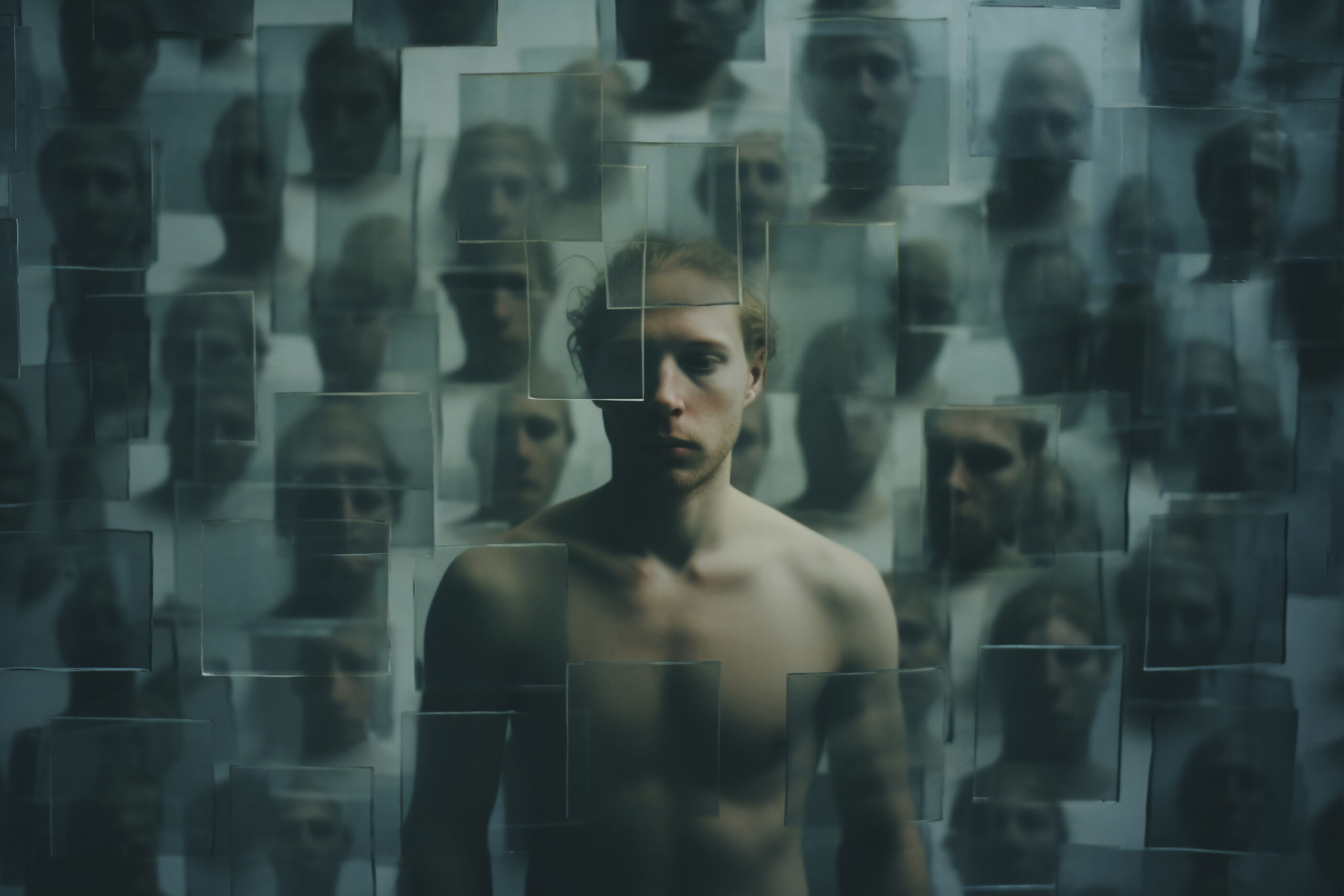 A man standing shirtless surrounded by multiple blurred faces, symbolizing confusion, paranoia, or distorted perception.