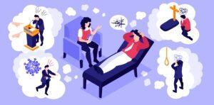 Illustration of a man lying on a therapy couch talking to a psychologist, surrounded by thought bubbles depicting anxiety, fear of public speaking, illness, guilt, and suicidal thoughts.