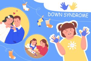 Illustration promoting Down Syndrome awareness, showing a smiling girl with painted hands, a couple making a heart gesture, and a child doing crafts with an adult — surrounded by colorful socks and handprints symbolizing love, inclusion, and support
