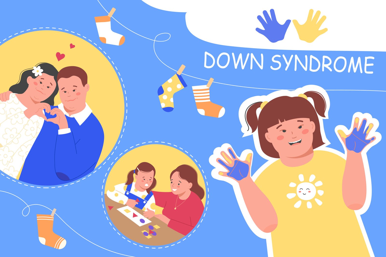Illustration promoting Down Syndrome awareness, showing a smiling girl with painted hands, a couple making a heart gesture, and a child doing crafts with an adult — surrounded by colorful socks and handprints symbolizing love, inclusion, and support