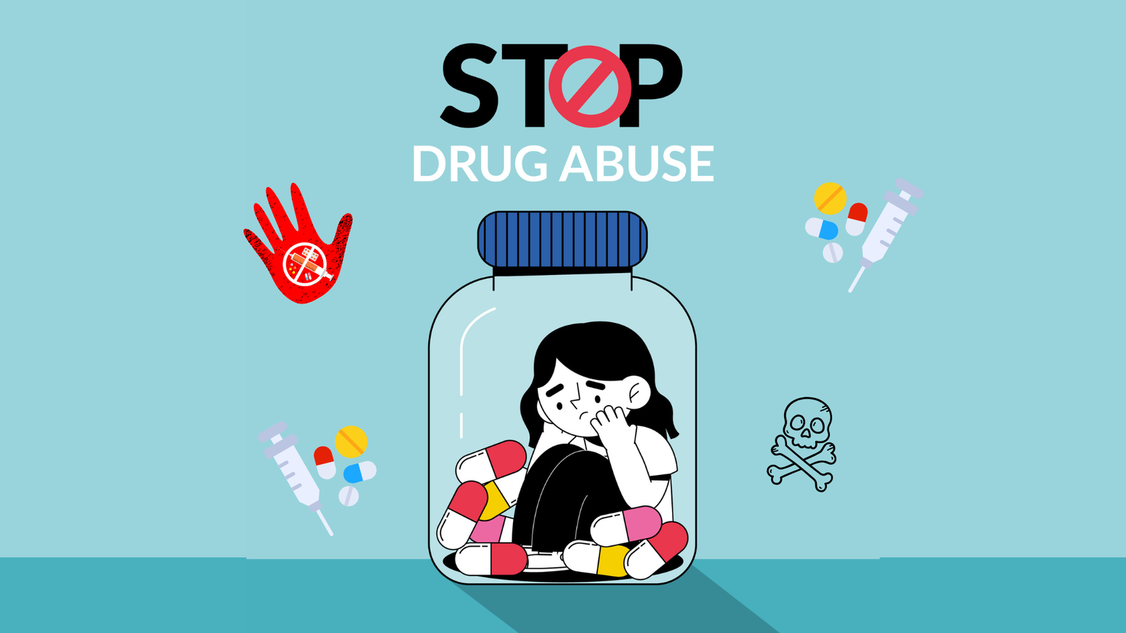 Illustration of a sad person sitting inside a pill bottle surrounded by capsules and syringes, with the message ‘Stop Drug Abuse’ above — symbolizing the dangers and isolation caused by drug addiction.