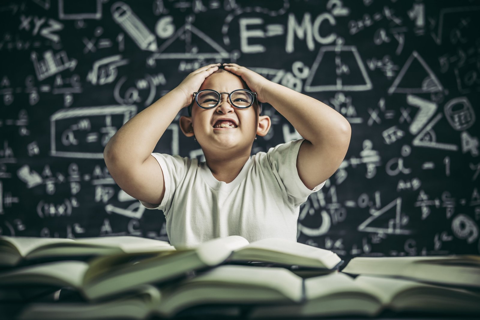 A frustrated young boy wearing glasses sits at a desk full of open books, holding his head with both hands, with mathematical formulas and drawings on the blackboard behind him — representing the challenges children with ADHD may face in learning.