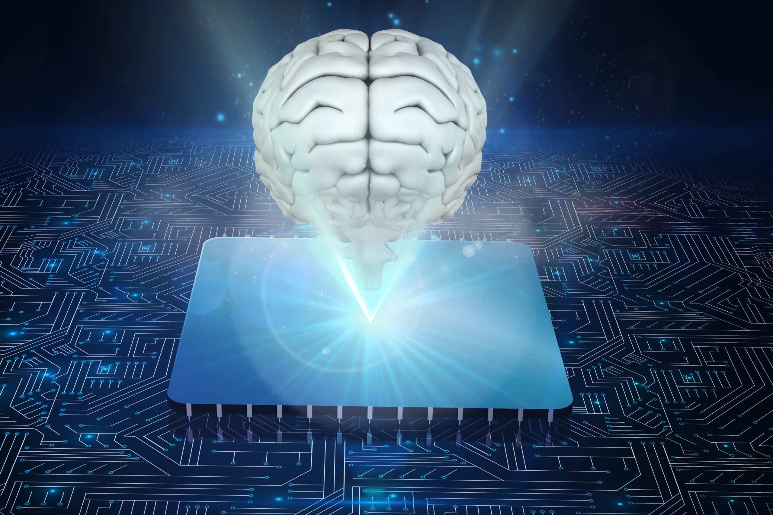 3D illustration of a human brain above a microchip, symbolizing artificial intelligence, cognitive processing, and advanced technology