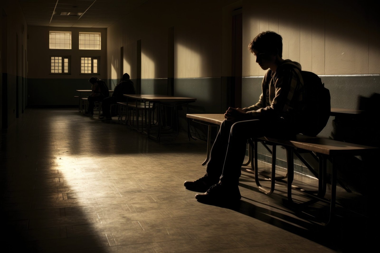 A student sitting alone on a bench in a dimly lit school hallway, with their head slightly bowed and hands clasped, appearing sad or reflective.