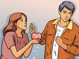 An illustration of a woman holding out a heart toward a man who looks away and steps back, showing disinterest as small hearts fall from the woman's hands.