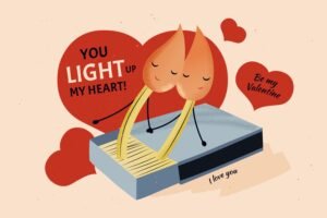 Illustration of two smiling matchsticks leaning together on a matchbox, shaped like a couple, with red heart backgrounds and Valentine’s messages reading “You light up my heart,” “Be my Valentine,” and “I love you,” in a warm, playful style.