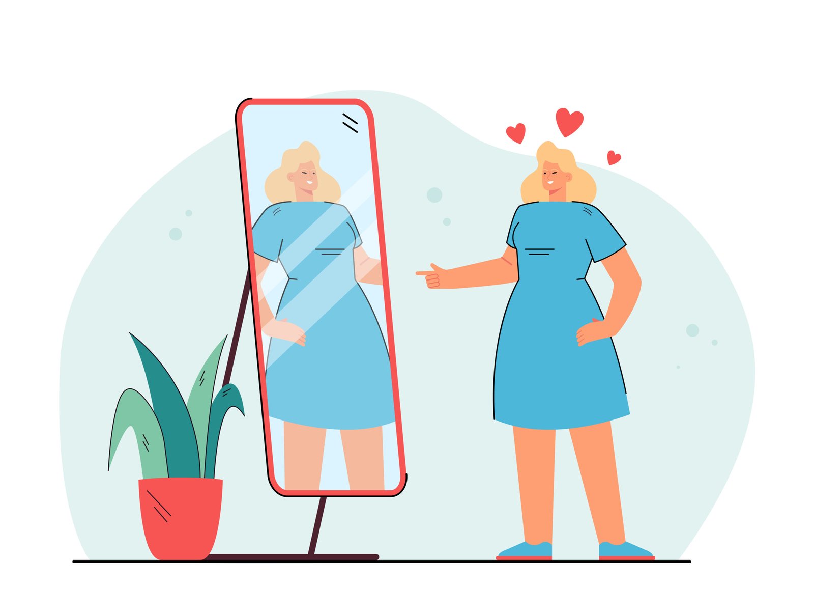 Woman happily looking at herself in the mirror with hearts above her head, symbolizing self-love and body positivity