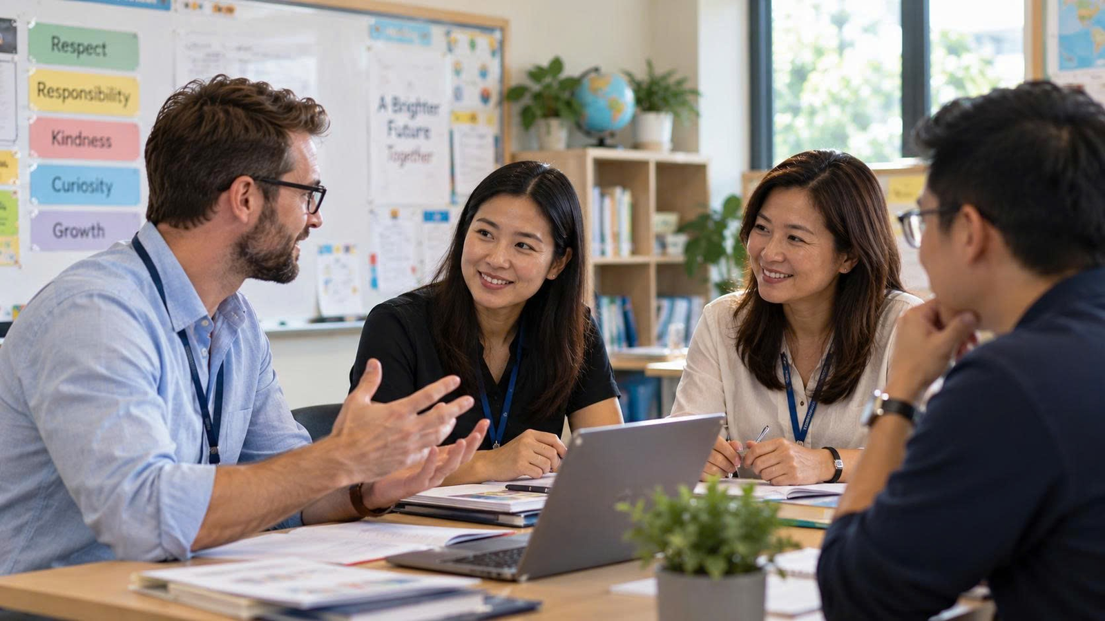 Teacher working with students in a classroom